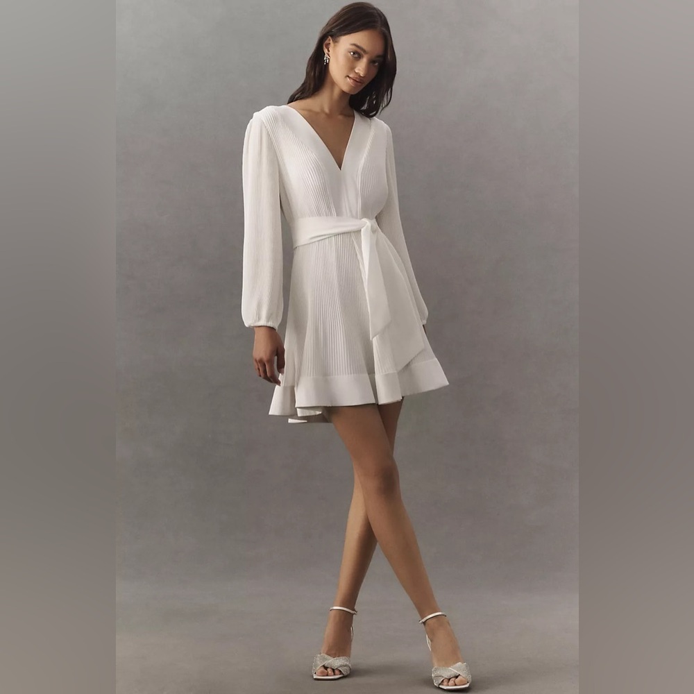 NWOT Milly Liv Long-Sleeve V-Neck Pleated Belted Mini Dress - Picture 4 of 16